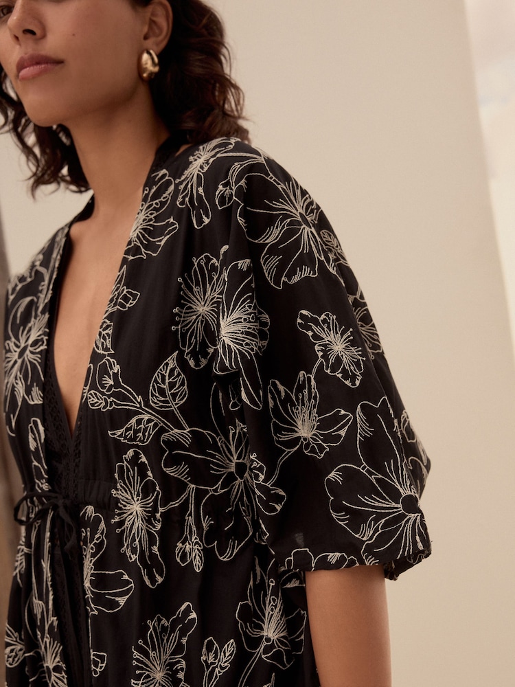 Black Embroidered Tie Front Maxi Length 100% Cotton Kimono - Image 4 of 9