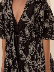Black Embroidered Tie Front Maxi Length 100% Cotton Kimono - Image 5 of 9