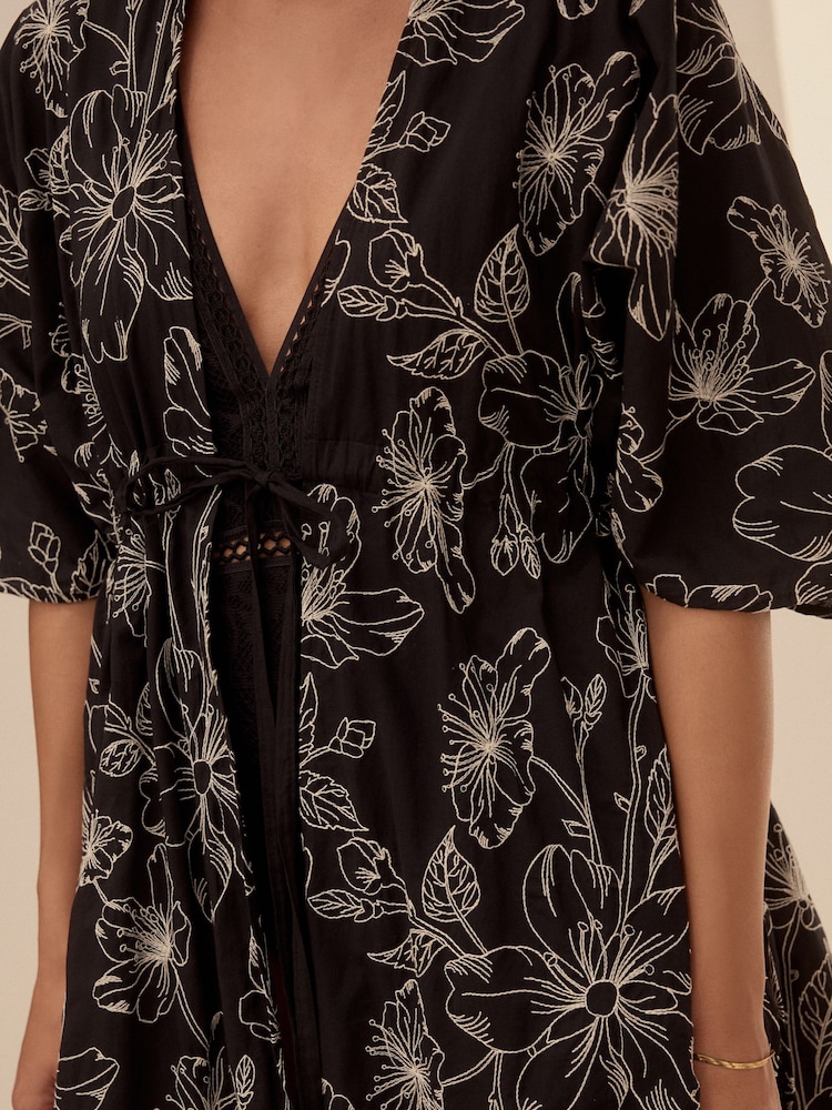 Black Embroidered Tie Front Maxi Length 100% Cotton Kimono - Image 5 of 9
