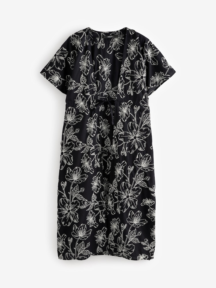 Black Embroidered Tie Front Maxi Length 100% Cotton Kimono - Image 6 of 9