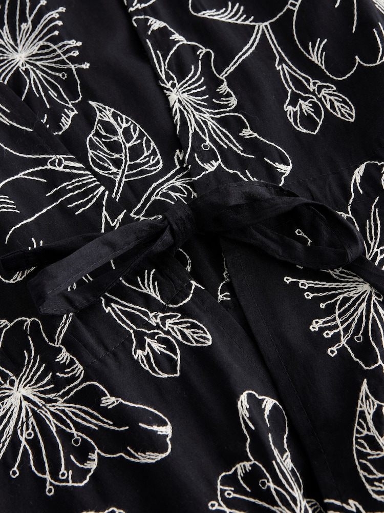 Black Embroidered Tie Front Maxi Length 100% Cotton Kimono - Image 8 of 9