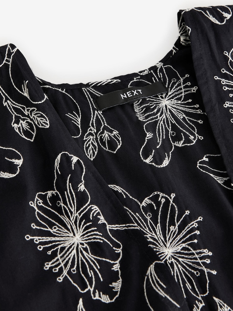 Black Embroidered Tie Front Maxi Length 100% Cotton Kimono - Image 9 of 9