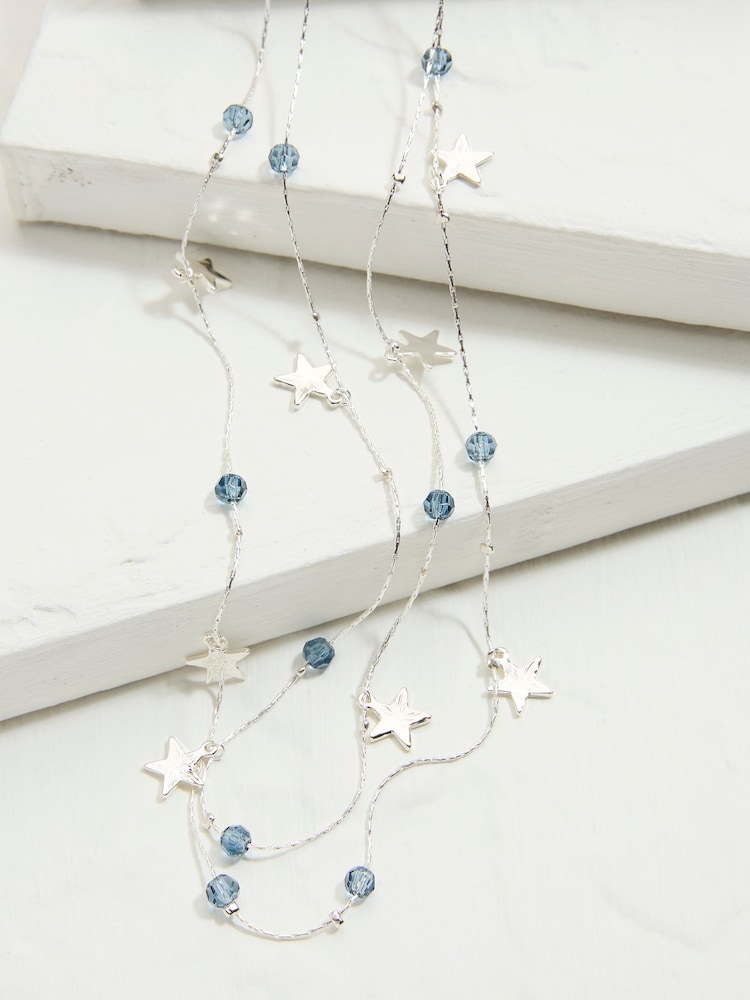 FatFace Silver Tone Star Beaded Layered Necklace - Image 2 of 2 FatFace Silver Tone Star Beaded Layered Necklace - Image 2 of 2