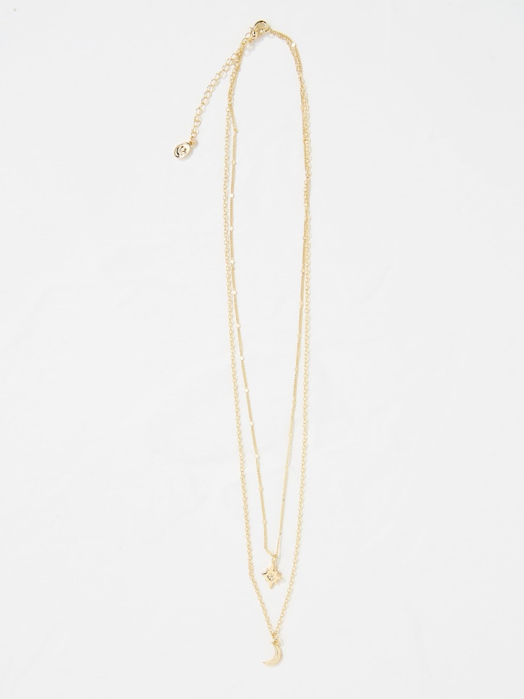 FatFace Gold Tone Star and Moon Layered Necklace - Image 1 of 2