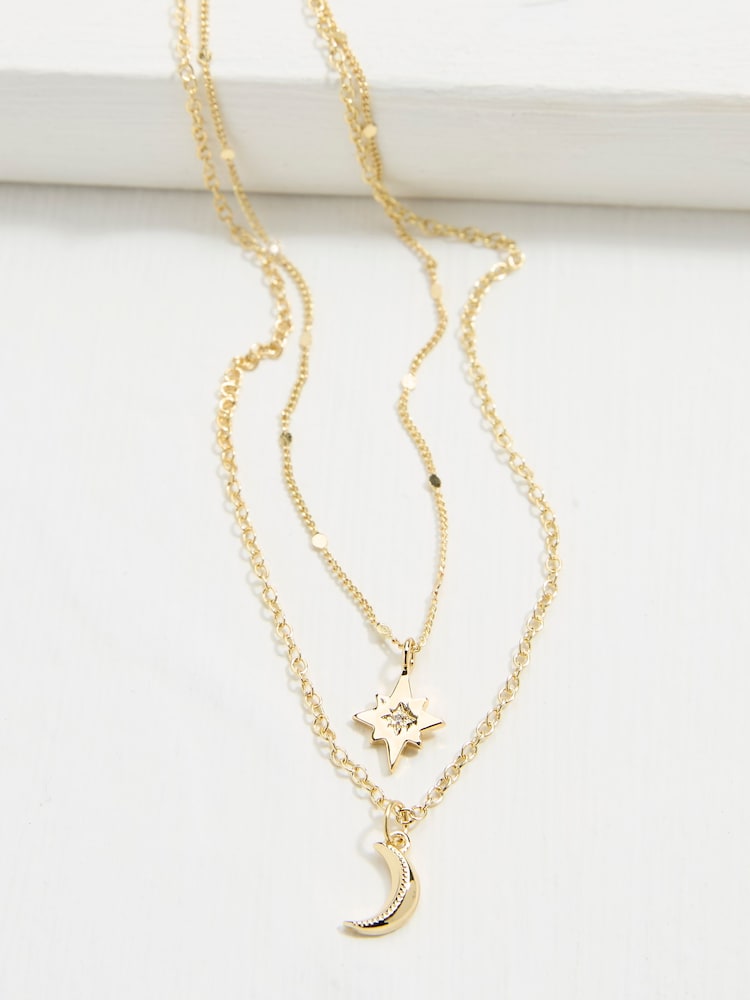 FatFace Gold Tone Star and Moon Layered Necklace - Image 2 of 2