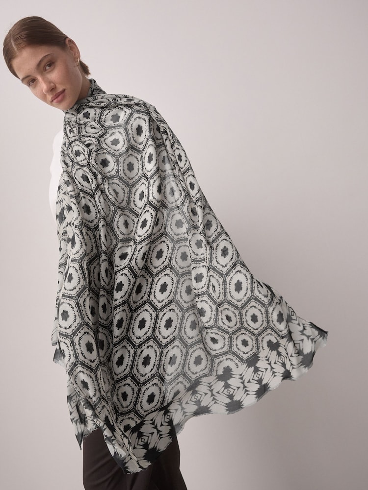 Black & White Ikat Lightweight Containing Silk Scarf - Image 4 of 9