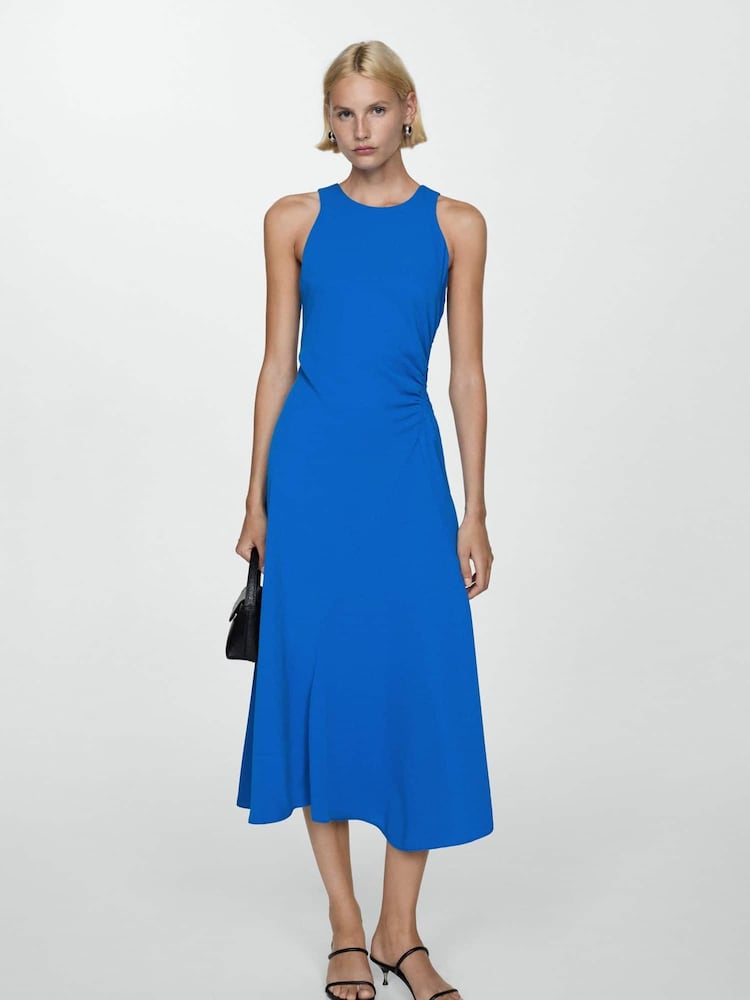 Mango Blue Midi Dress With Sinched Waist - Image 1 of 6