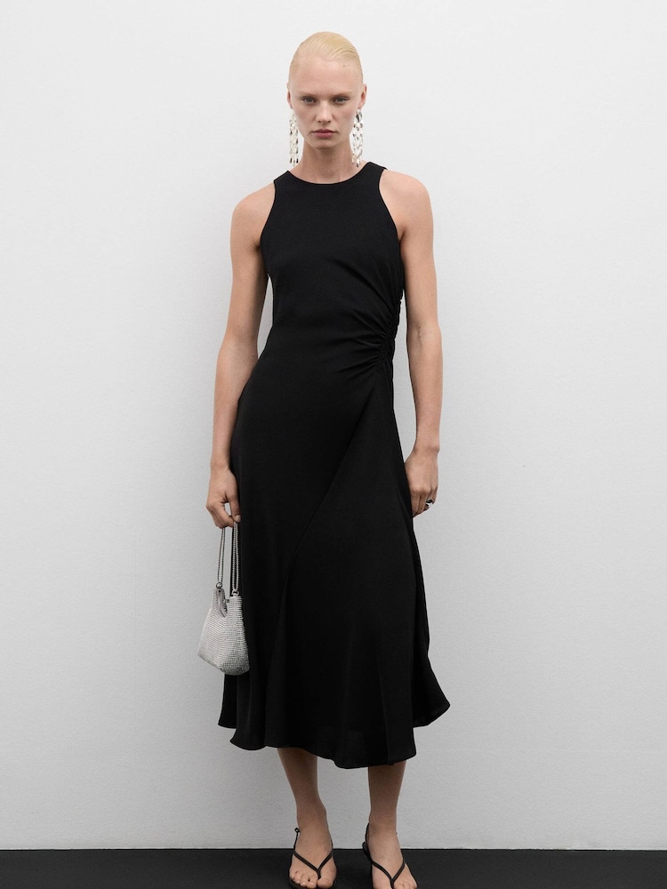Mango Black Midi Dress With Sinched Waist - Image 1 of 7