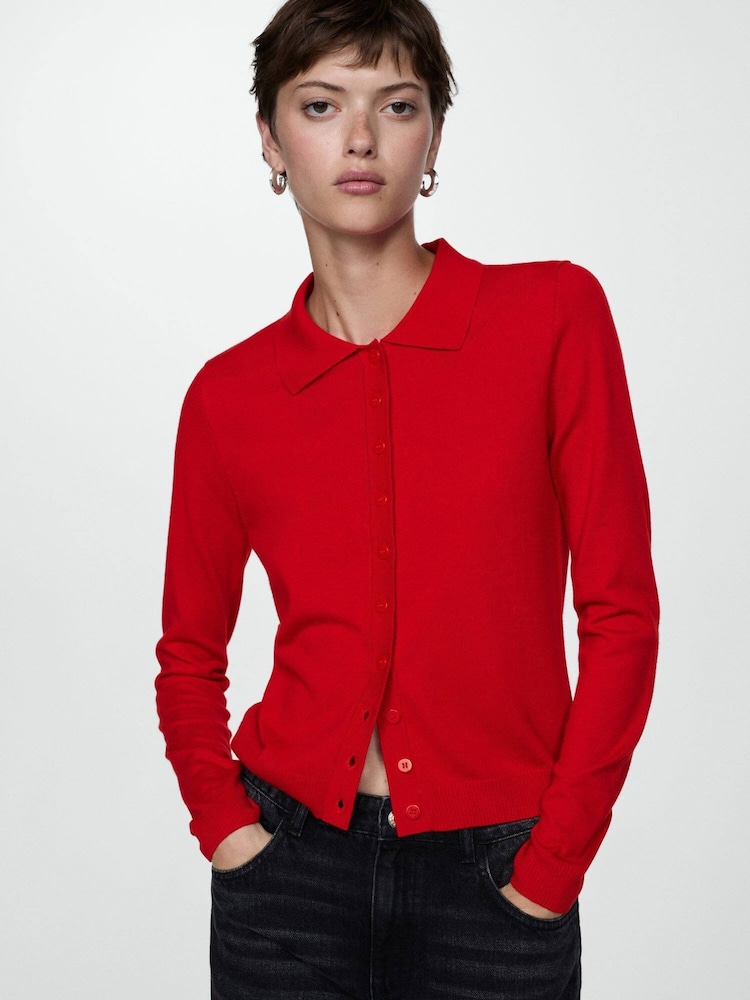 Mango Red Button Down Polo Cardigan - Image 1 of 7