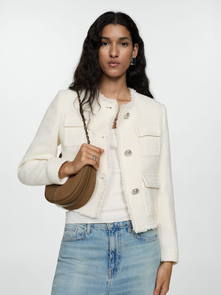Mango Cream Tweed Jacket With Pockets - Image 1 of 6