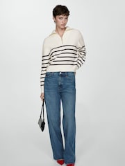 Mango Cream Striped 1/4 Zip Knitted Jumper - Image 1 of 6