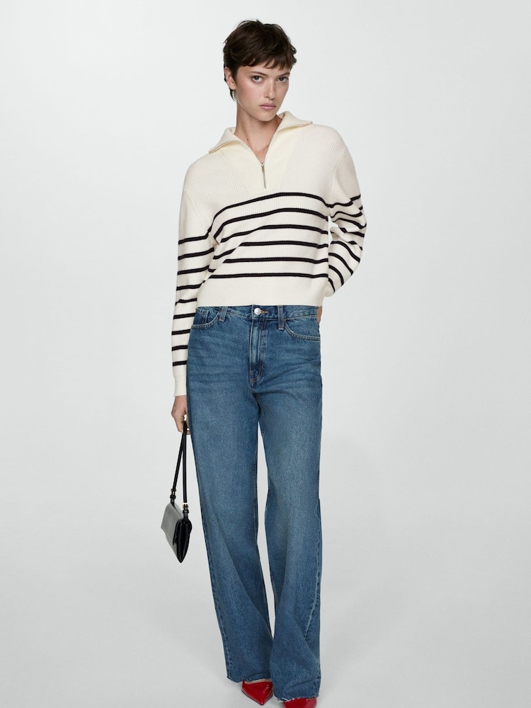 Mango Cream Striped 1/4 Zip Knitted Jumper - Image 1 of 6
