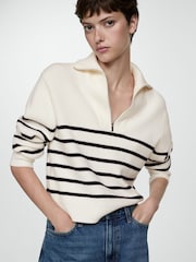 Mango Cream Striped 1/4 Zip Knitted Jumper - Image 3 of 6