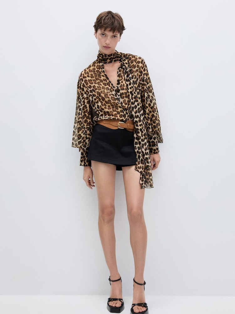 Mango Brown Leopard Print Blouse With Collar and Bow - Image 1 of 7 Mango Brown Leopard Print Blouse With Collar and Bow - Image 1 of 7
