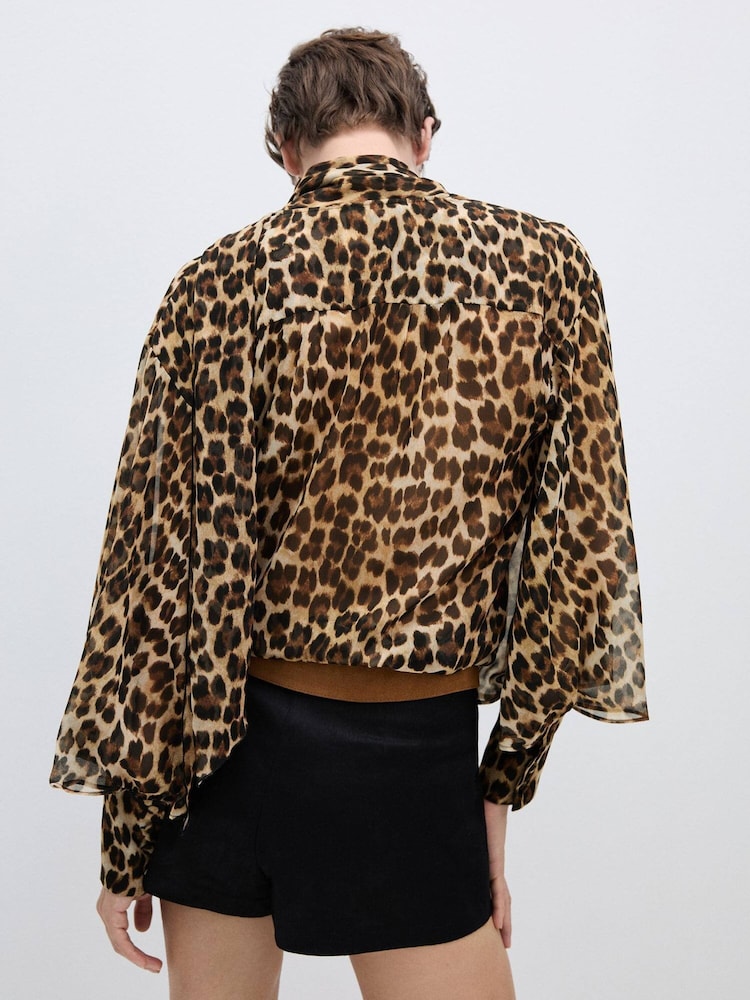 Mango Brown Leopard Print Blouse With Collar and Bow - Image 2 of 7 Mango Brown Leopard Print Blouse With Collar and Bow - Image 2 of 7