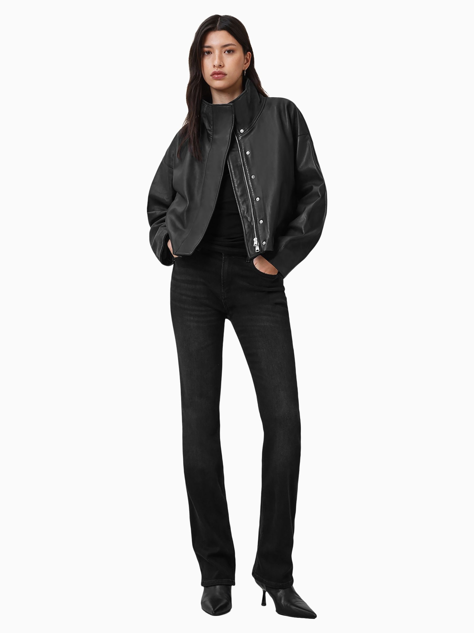 Buy AllSaints Black Ryder Black Funnel Neck Leather Jacket