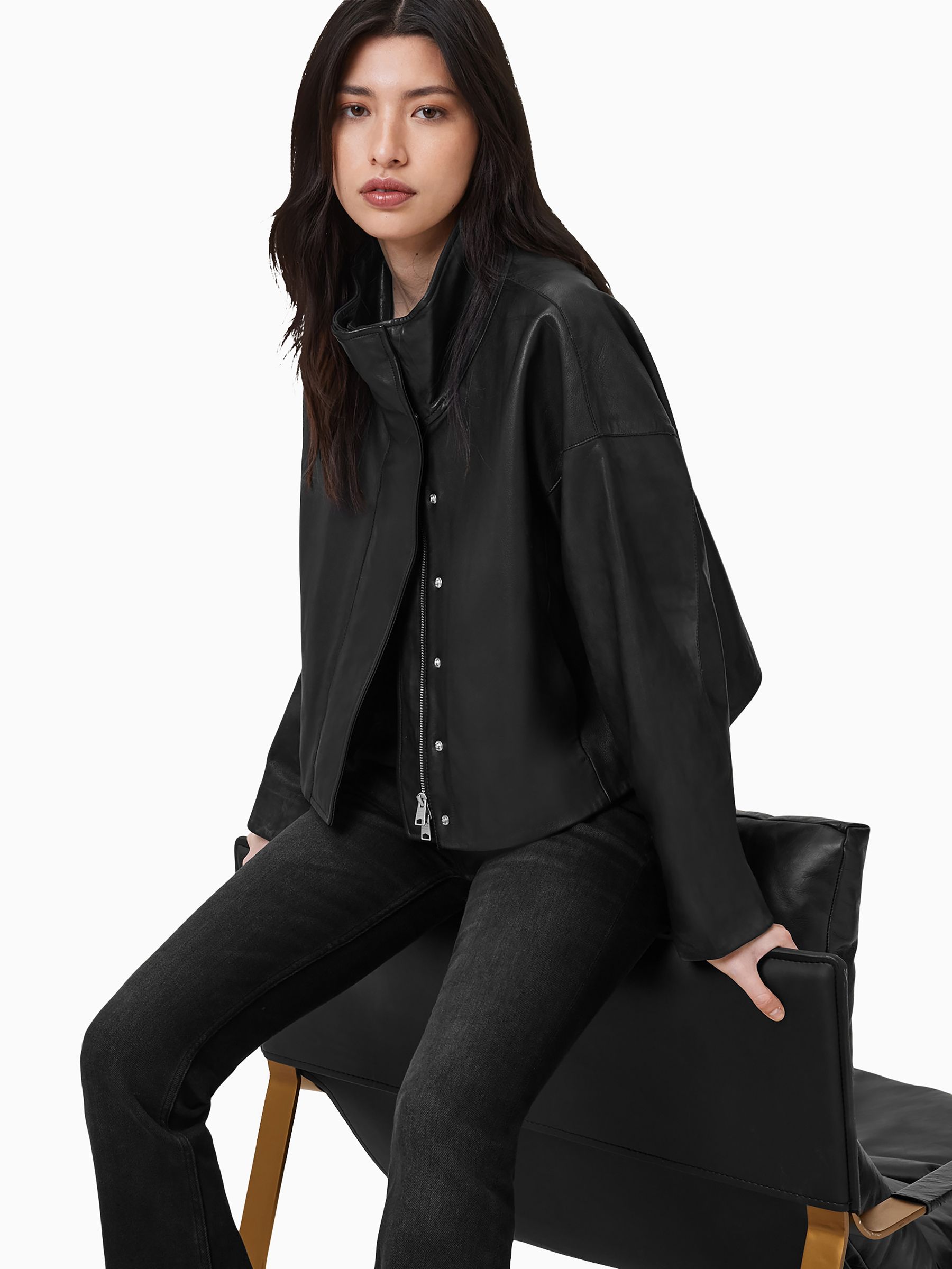 Buy AllSaints Black Ryder Black Funnel Neck Leather Jacket from