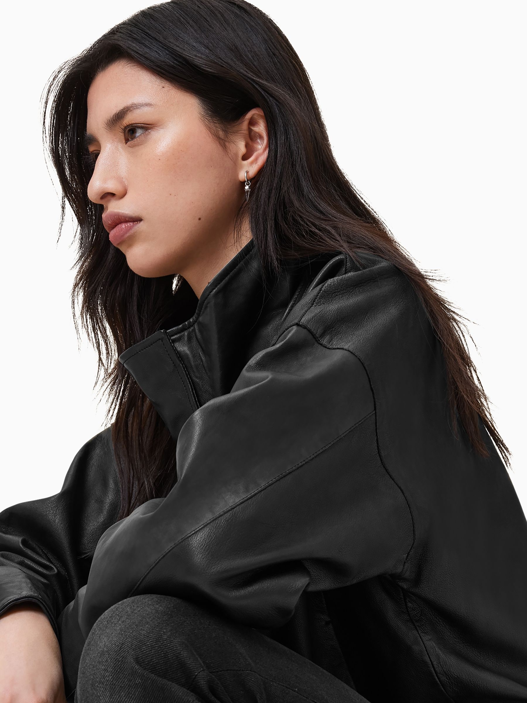 Buy AllSaints Black Ryder Black Funnel Neck Leather Jacket from