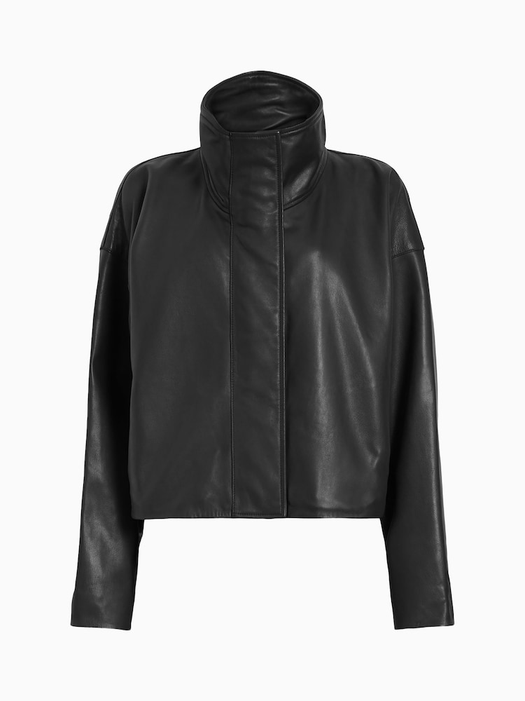 AllSaints Black Ryder Black Funnel Neck Leather Jacket - Image 9 of 9 AllSaints Black Ryder Black Funnel Neck Leather Jacket - Image 9 of 9