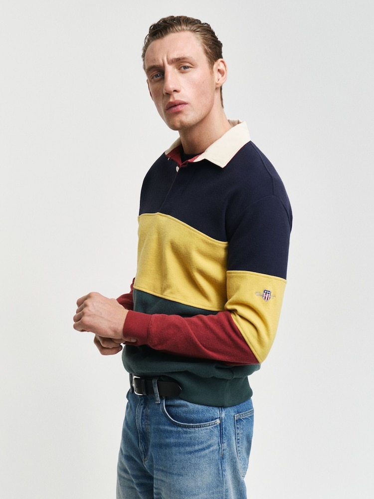 GANT Blue Sweat Colour Block Heavy Rugby Polo Shirt - Image 1 of 7