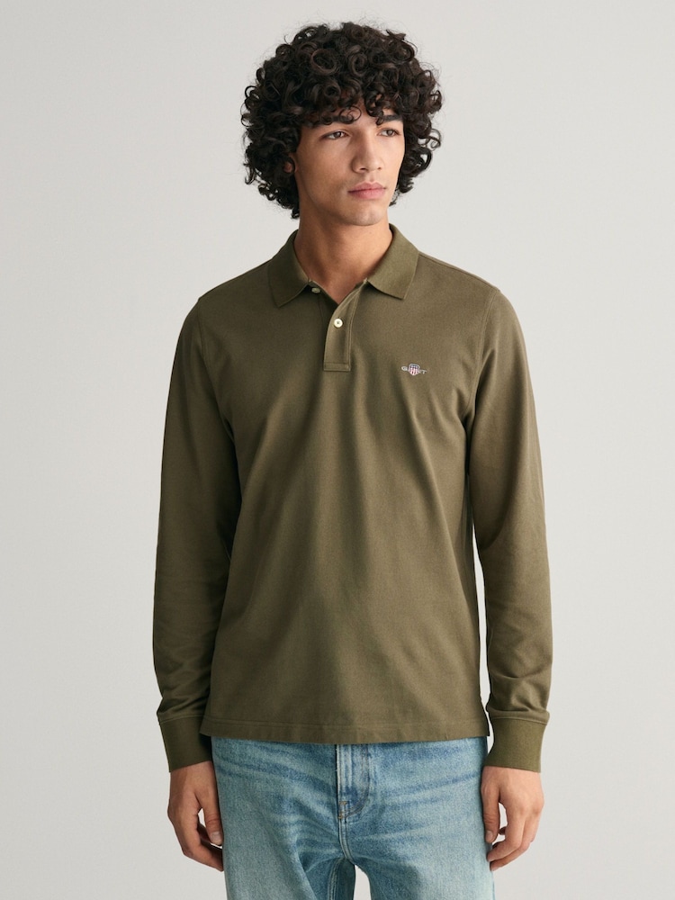 GANT Green Regular Long Sleeve 100% Cotton Sheild Pique Rugby Polo Shirt - Image 1 of 4 GANT Green Regular Long Sleeve 100% Cotton Sheild Pique Rugby Polo Shirt - Image 1 of 4