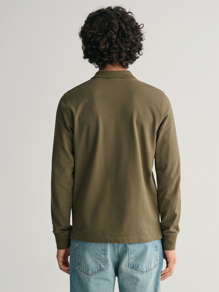 GANT Green Regular Long Sleeve 100% Cotton Sheild Pique Rugby Polo Shirt - Image 2 of 4