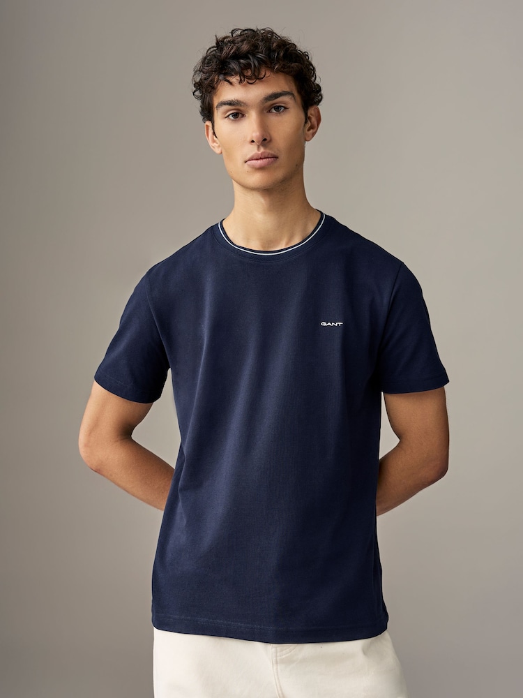 GANT Blue Textured Rib Short Sleeve 100% Cotton T-Shirt - Image 1 of 5