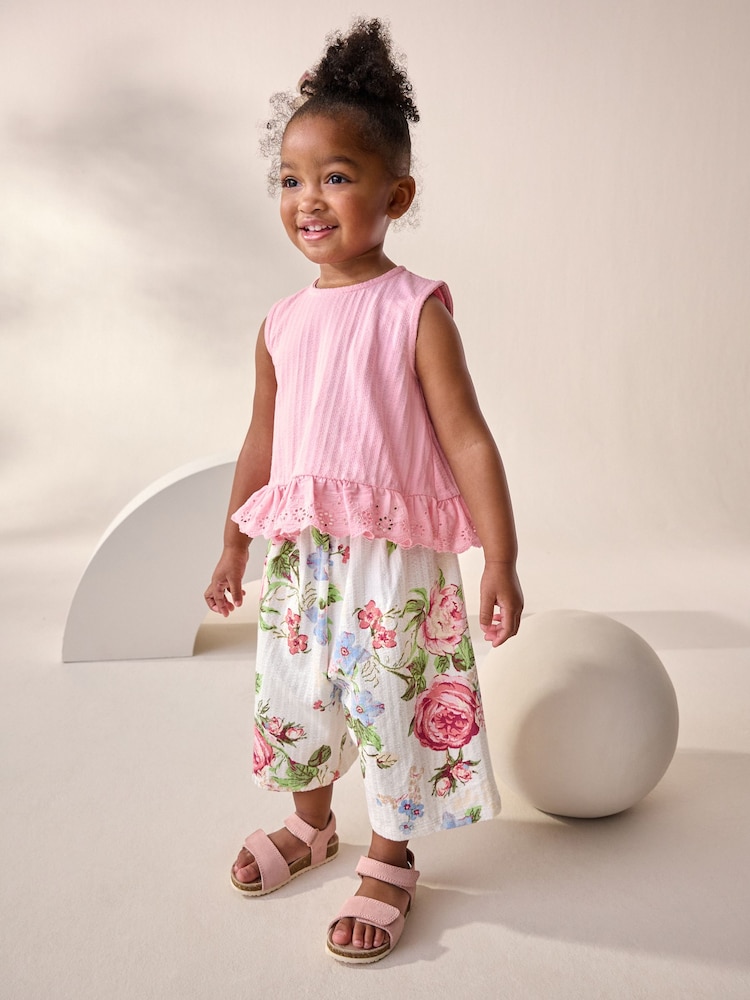 Pink Floral Frill Vest and Wide Leggings Set (3mths-7yrs) - Image 1 of 8