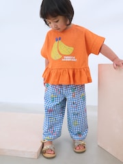 Orange/Navy Gingham Fruit Short Sleeve Peplum 100% Cotton T-Shirt and Wide Leg Trousers Set (3mths-7yrs) - Image 1 of 9