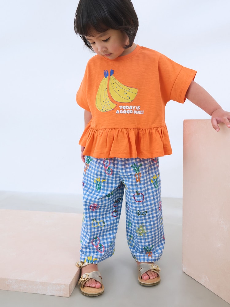 Orange/Navy Gingham Fruit Short Sleeve Peplum 100% Cotton T-Shirt and Wide Leg Trousers Set (3mths-7yrs) - Image 1 of 9