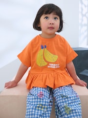 Orange/Navy Gingham Fruit Short Sleeve Peplum 100% Cotton T-Shirt and Wide Leg Trousers Set (3mths-7yrs) - Image 2 of 9