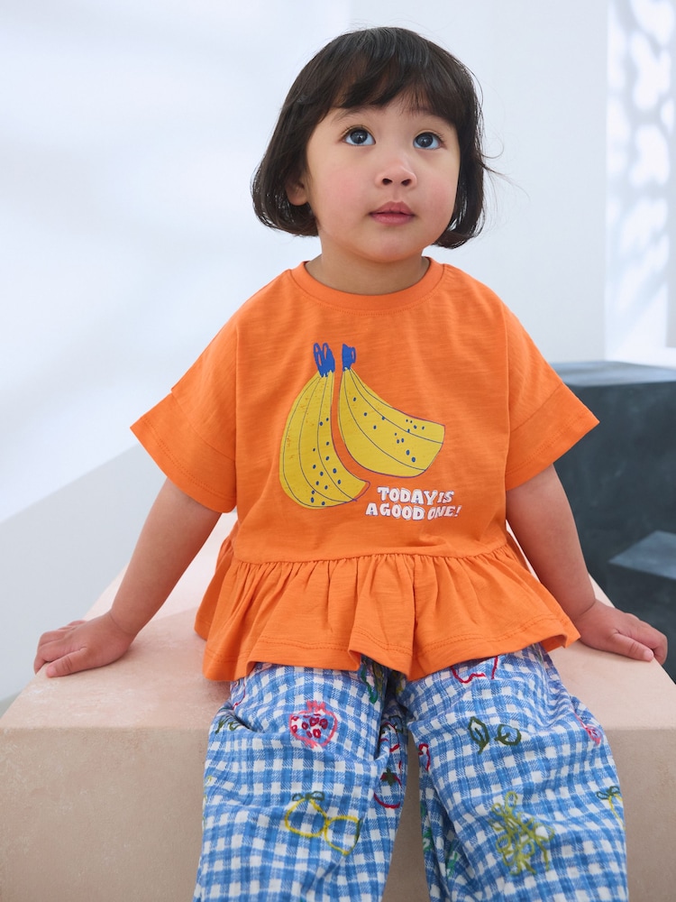 Orange/Navy Gingham Fruit Short Sleeve Peplum 100% Cotton T-Shirt and Wide Leg Trousers Set (3mths-7yrs) - Image 2 of 9