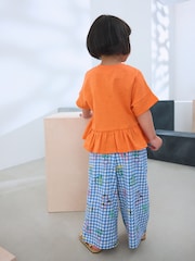 Orange/Navy Gingham Fruit Short Sleeve Peplum 100% Cotton T-Shirt and Wide Leg Trousers Set (3mths-7yrs) - Image 3 of 9