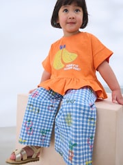 Orange/Navy Gingham Fruit Short Sleeve Peplum 100% Cotton T-Shirt and Wide Leg Trousers Set (3mths-7yrs) - Image 4 of 9