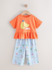 Orange/Navy Gingham Fruit Short Sleeve Peplum 100% Cotton T-Shirt and Wide Leg Trousers Set (3mths-7yrs) - Image 5 of 9
