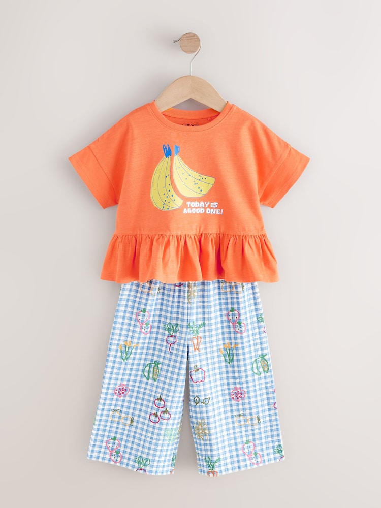 Orange/Navy Gingham Fruit Short Sleeve Peplum 100% Cotton T-Shirt and Wide Leg Trousers Set (3mths-7yrs) - Image 5 of 9