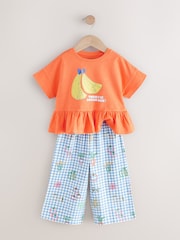 Orange/Navy Gingham Fruit Short Sleeve Peplum 100% Cotton T-Shirt and Wide Leg Trousers Set (3mths-7yrs) - Image 6 of 9