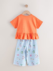 Orange/Navy Gingham Fruit Short Sleeve Peplum 100% Cotton T-Shirt and Wide Leg Trousers Set (3mths-7yrs) - Image 7 of 9