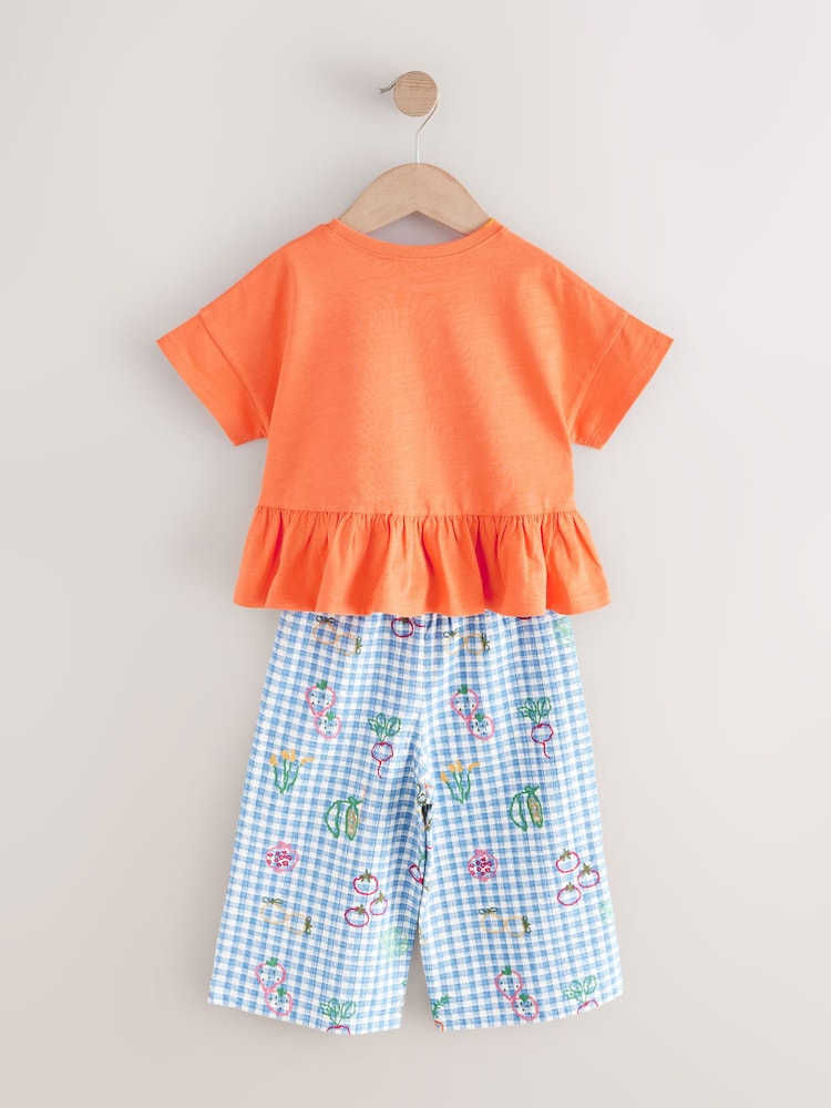 Orange/Navy Gingham Fruit Short Sleeve Peplum 100% Cotton T-Shirt and Wide Leg Trousers Set (3mths-7yrs) - Image 7 of 9