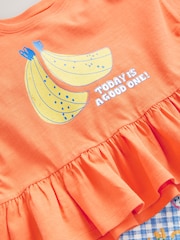 Orange/Navy Gingham Fruit Short Sleeve Peplum 100% Cotton T-Shirt and Wide Leg Trousers Set (3mths-7yrs) - Image 8 of 9