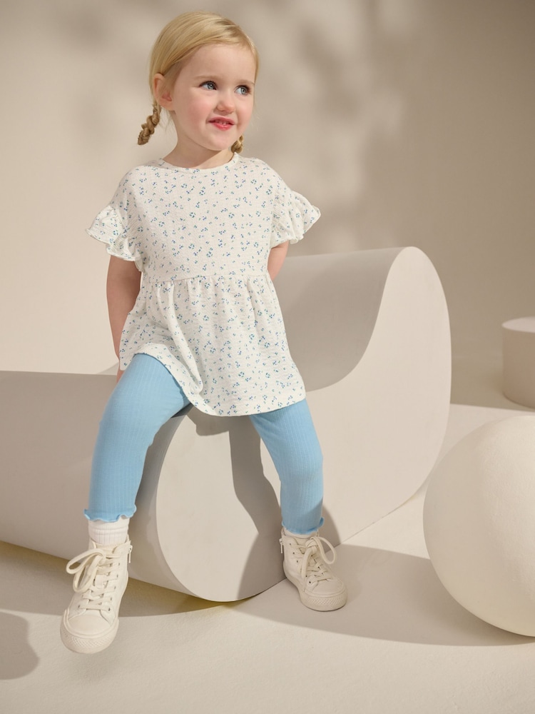 White/Blue Ditsy Floral Short Sleeve Peplum Top and Leggings Set (3mths-7yrs) - Image 1 of 9