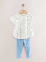 White/Blue Ditsy Floral Short Sleeve Peplum Top and Leggings Set (3mths-7yrs) - Image 5 of 9