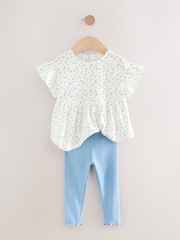 White/Blue Ditsy Floral Short Sleeve Peplum Top and Leggings Set (3mths-7yrs) - Image 6 of 9