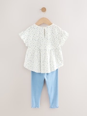White/Blue Ditsy Floral Short Sleeve Peplum Top and Leggings Set (3mths-7yrs) - Image 7 of 9