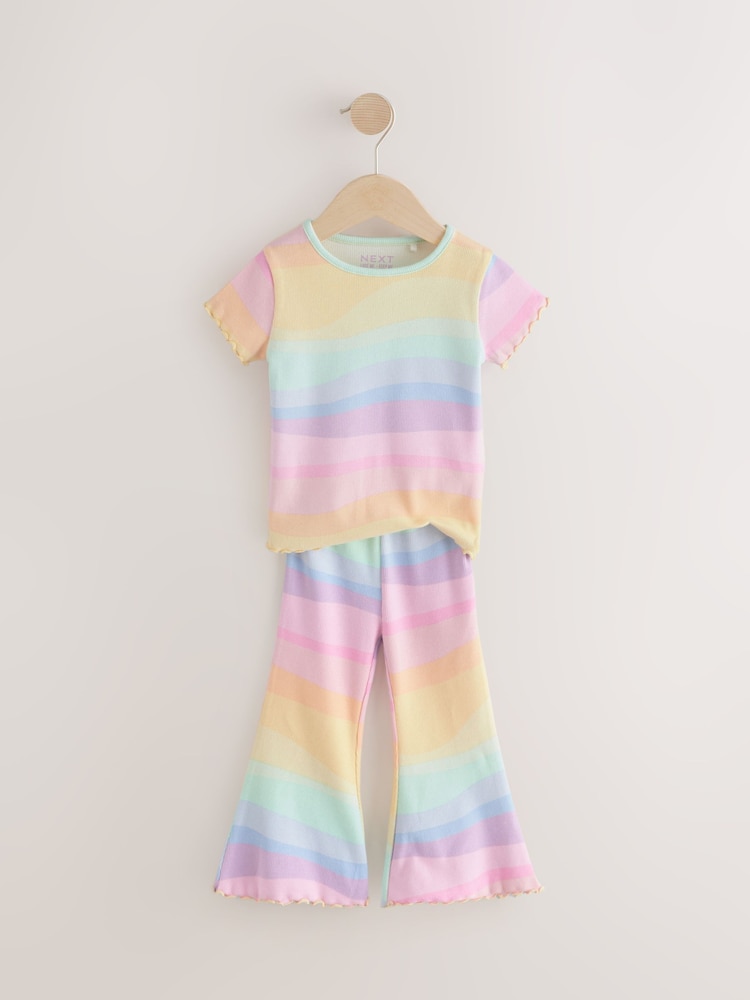 Pastel Rainbow Short Sleeve Ribbed T-Shirt and Flare Leggings Set (3mths-7yrs) - Image 6 of 9