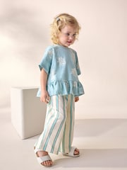 Blue Stripe Flower Short Sleeve Peplum 100% Cotton T-Shirt and Wide Leg Trousers Set (3mths-7yrs) - Image 1 of 10