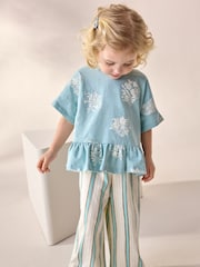 Blue Stripe Flower Short Sleeve Peplum 100% Cotton T-Shirt and Wide Leg Trousers Set (3mths-7yrs) - Image 2 of 10