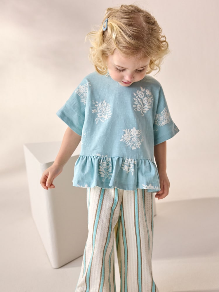 Blue Stripe Flower Short Sleeve Peplum 100% Cotton T-Shirt and Wide Leg Trousers Set (3mths-7yrs) - Image 2 of 10