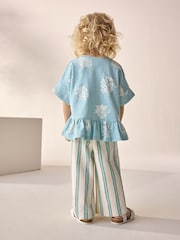 Blue Stripe Flower Short Sleeve Peplum 100% Cotton T-Shirt and Wide Leg Trousers Set (3mths-7yrs) - Image 3 of 10