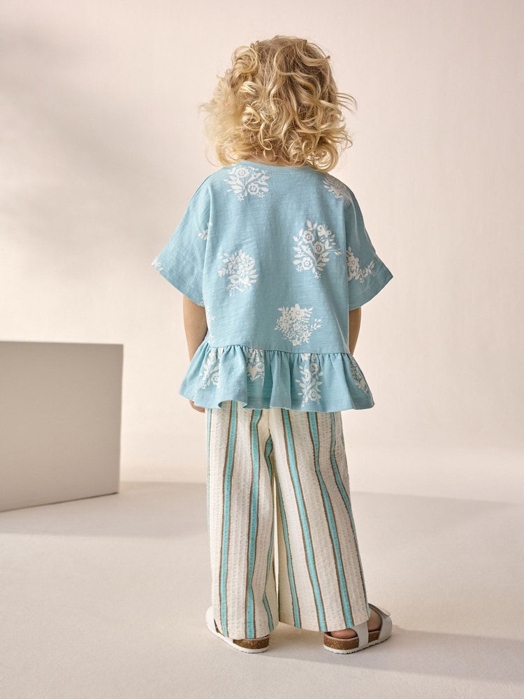 Blue Stripe Flower Short Sleeve Peplum 100% Cotton T-Shirt and Wide Leg Trousers Set (3mths-7yrs) - Image 3 of 10